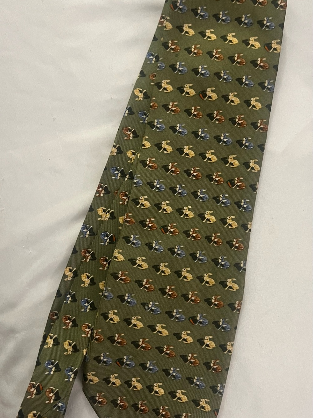 Nautica Olive Green 100% Silk Tie with Multicolor Rabbit Motif. EUC